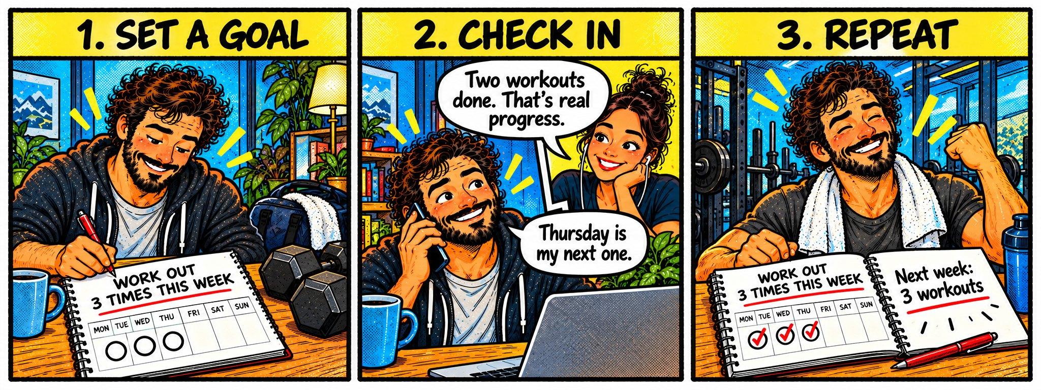 Three comic panels. 1, Set a goal: a man writes “Work out 3 times this week” in his notebook. 2, Check in: on a call, his caller says “Two workouts done. That’s real progress.” and he answers “Thursday is my next one.” 3, Repeat: at the gym, all three days checked off, he writes “Next week: 3 workouts.”